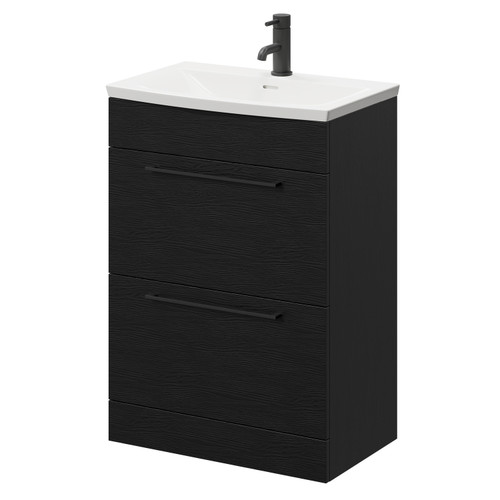 Napoli Nero Oak 600mm Floor Standing Vanity Unit with 1 Tap Hole Curved Basin and 2 Drawers with Matt Black Handles Right Hand View