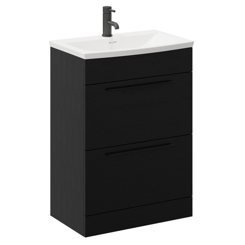 Napoli Nero Oak 600mm Floor Standing Vanity Unit with 1 Tap Hole Curved Basin and 2 Drawers with Matt Black Handles Left Hand View