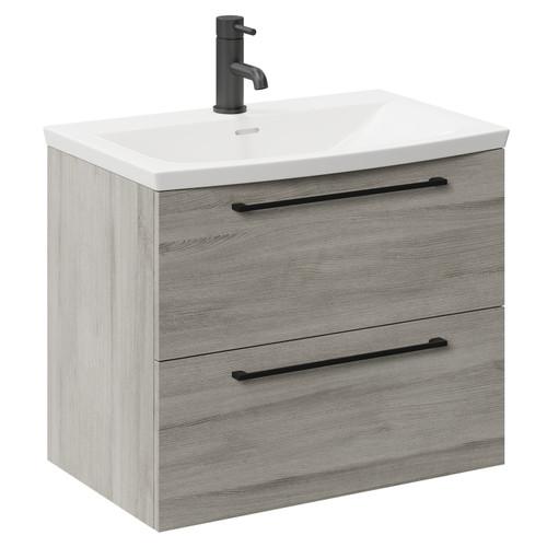 Napoli Molina Ash 600mm Wall Mounted Vanity Unit with 1 Tap Hole Curved Basin and 2 Drawers with Matt Black Handles Left Hand View