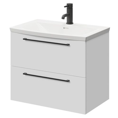 Napoli Gloss White 600mm Wall Mounted Vanity Unit with 1 Tap Hole Curved Basin and 2 Drawers with Matt Black Handles Right Hand View