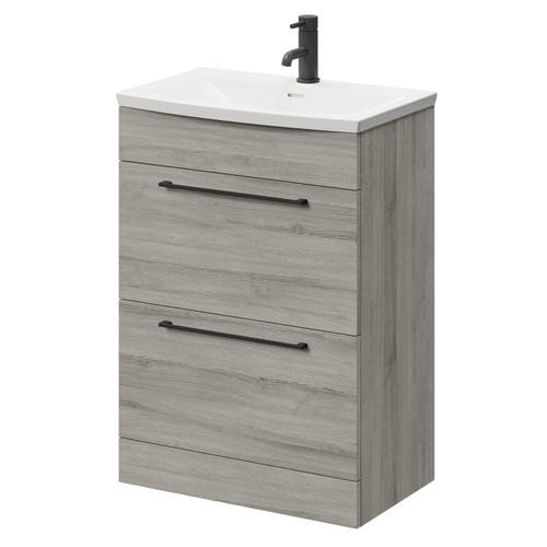 Napoli Molina Ash 600mm Floor Standing Vanity Unit with 1 Tap Hole Curved Basin and 2 Drawers with Matt Black Handles Right Hand View