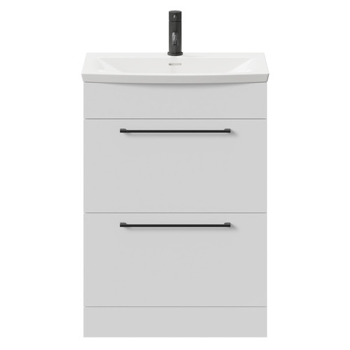 Napoli Gloss White 600mm Floor Standing Vanity Unit with 1 Tap Hole Curved Basin and 2 Drawers with Matt Black Handles Front View