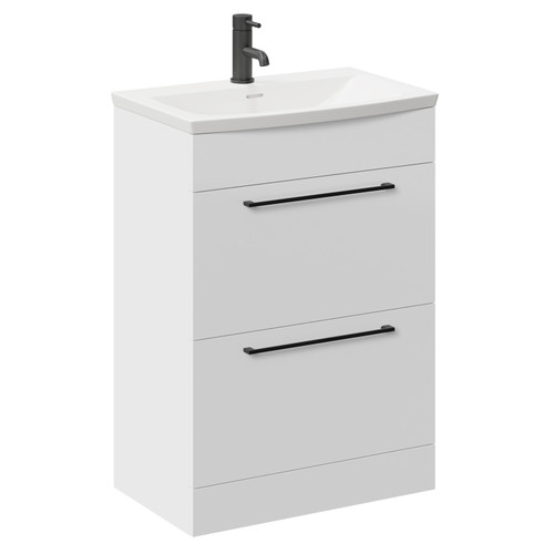 Napoli Gloss White 600mm Floor Standing Vanity Unit with 1 Tap Hole Curved Basin and 2 Drawers with Matt Black Handles Left Hand View