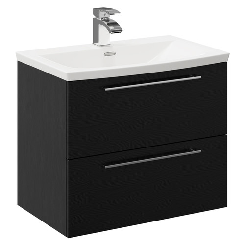 Napoli Nero Oak 600mm Wall Mounted Vanity Unit with 1 Tap Hole Curved Basin and 2 Drawers with Polished Chrome Handles Left Hand View