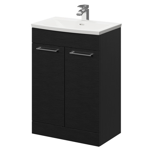 Napoli Nero Oak 600mm Floor Standing Vanity Unit with 1 Tap Hole Curved Basin and 2 Doors with Polished Chrome Handles Right Hand View