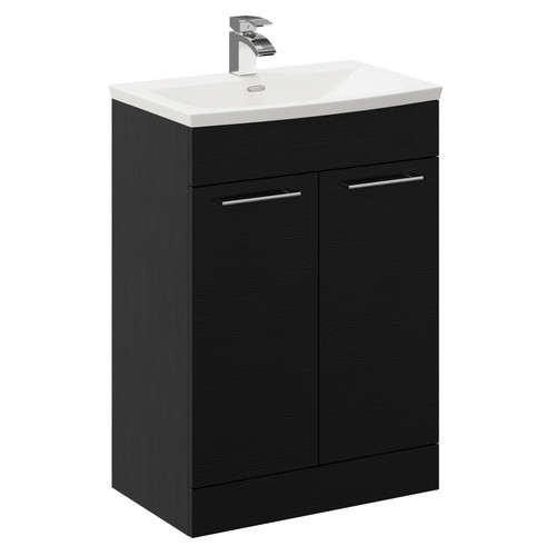 Napoli Nero Oak 600mm Floor Standing Vanity Unit with 1 Tap Hole Curved Basin and 2 Doors with Polished Chrome Handles Left Hand View