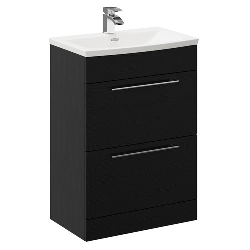 Napoli Nero Oak 600mm Floor Standing Vanity Unit with 1 Tap Hole Curved Basin and 2 Drawers with Polished Chrome Handles Left Hand View