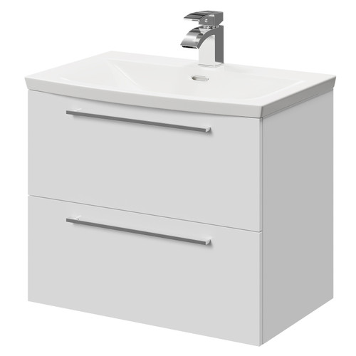 Napoli Gloss White 600mm Wall Mounted Vanity Unit with 1 Tap Hole Curved Basin and 2 Drawers with Polished Chrome Handles Right Hand View