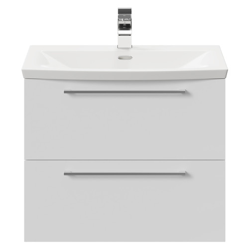 Napoli Gloss White 600mm Wall Mounted Vanity Unit with 1 Tap Hole Curved Basin and 2 Drawers with Polished Chrome Handles Front View