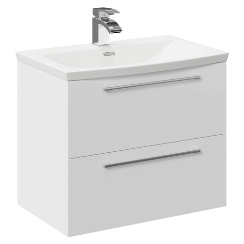 Napoli Gloss White 600mm Wall Mounted Vanity Unit with 1 Tap Hole Curved Basin and 2 Drawers with Polished Chrome Handles Left Hand View