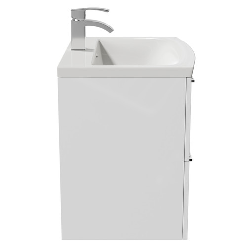 Napoli Gloss White 600mm Wall Mounted Vanity Unit with 1 Tap Hole Curved Basin and 2 Drawers with Polished Chrome Handles Side View