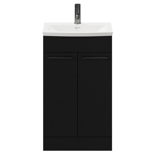 Napoli Nero Oak 500mm Floor Standing Vanity Unit with 1 Tap Hole Curved Basin and 2 Doors with Gunmetal Grey Handles Front View