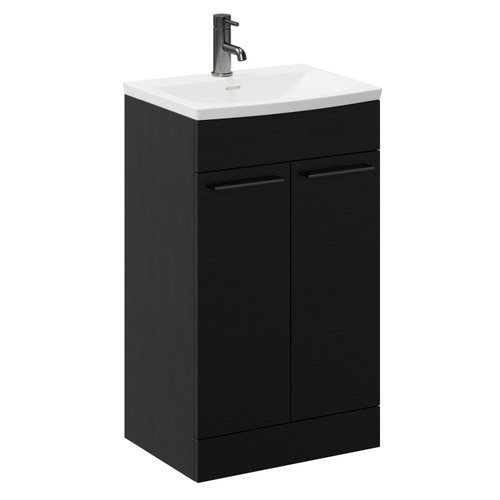 Napoli Nero Oak 500mm Floor Standing Vanity Unit with 1 Tap Hole Curved Basin and 2 Doors with Gunmetal Grey Handles Left Hand View