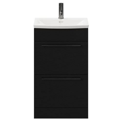 Napoli Nero Oak 500mm Floor Standing Vanity Unit with 1 Tap Hole Curved Basin and 2 Drawers with Gunmetal Grey Handles Front View