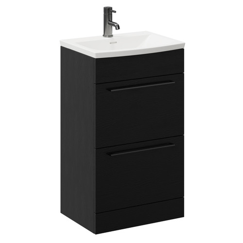 Napoli Nero Oak 500mm Floor Standing Vanity Unit with 1 Tap Hole Curved Basin and 2 Drawers with Gunmetal Grey Handles Left Hand View