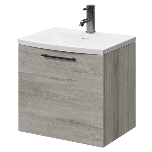 Napoli Molina Ash 500mm Wall Mounted Vanity Unit with 1 Tap Hole Curved Basin and Single Drawer with Gunmetal Grey Handle Right Hand View