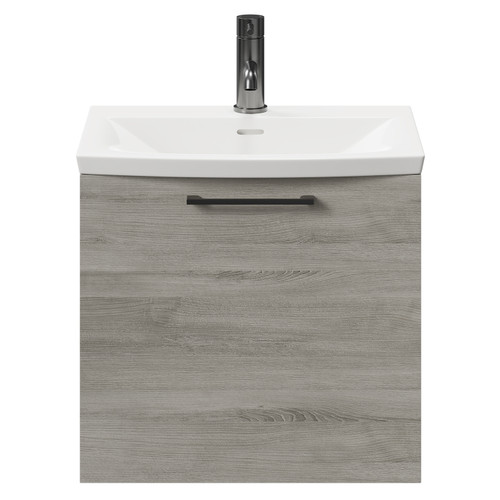 Napoli Molina Ash 500mm Wall Mounted Vanity Unit with 1 Tap Hole Curved Basin and Single Drawer with Gunmetal Grey Handle Front View