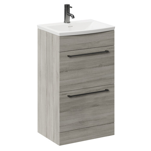 Napoli Molina Ash 500mm Floor Standing Vanity Unit with 1 Tap Hole Curved Basin and 2 Drawers with Gunmetal Grey Handles Left Hand View