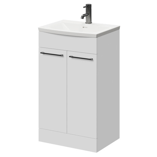 Napoli Gloss White 500mm Floor Standing Vanity Unit with 1 Tap Hole Curved Basin and 2 Doors with Gunmetal Grey Handles Right Hand View