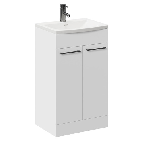 Napoli Gloss White 500mm Floor Standing Vanity Unit with 1 Tap Hole Curved Basin and 2 Doors with Gunmetal Grey Handles Left Hand View