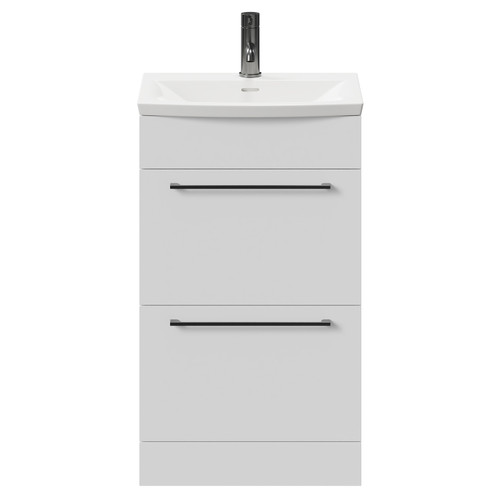 Napoli Gloss White 500mm Floor Standing Vanity Unit with 1 Tap Hole Curved Basin and 2 Drawers with Gunmetal Grey Handles Front View