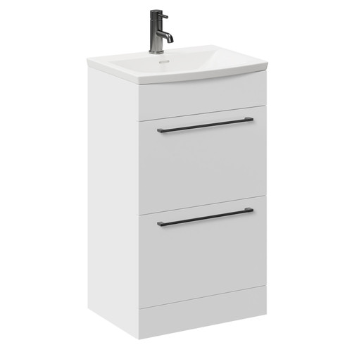 Napoli Gloss White 500mm Floor Standing Vanity Unit with 1 Tap Hole Curved Basin and 2 Drawers with Gunmetal Grey Handles Left Hand View