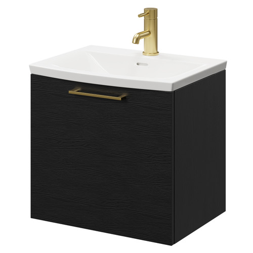 Napoli Nero Oak 500mm Wall Mounted Vanity Unit with 1 Tap Hole Curved Basin and Single Drawer with Brushed Brass Handle Right Hand View