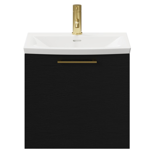 Napoli Nero Oak 500mm Wall Mounted Vanity Unit with 1 Tap Hole Curved Basin and Single Drawer with Brushed Brass Handle Front View
