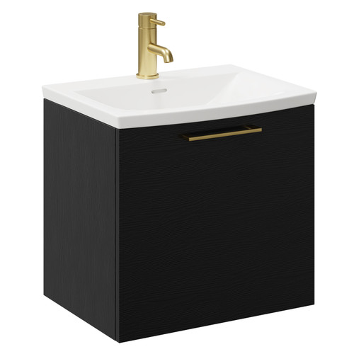 Napoli Nero Oak 500mm Wall Mounted Vanity Unit with 1 Tap Hole Curved Basin and Single Drawer with Brushed Brass Handle Left Hand View