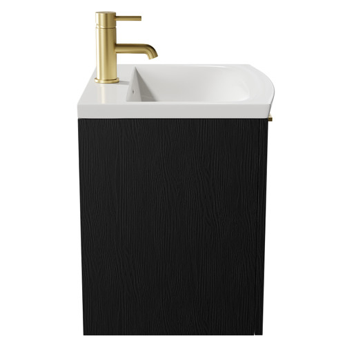 Napoli Nero Oak 500mm Wall Mounted Vanity Unit with 1 Tap Hole Curved Basin and Single Drawer with Brushed Brass Handle Side View