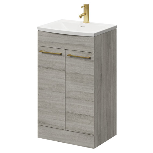 Napoli Molina Ash 500mm Floor Standing Vanity Unit with 1 Tap Hole Curved Basin and 2 Doors with Brushed Brass Handles Right Hand View