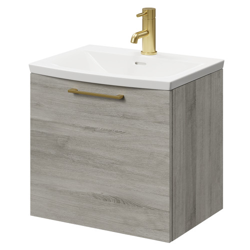 Napoli Molina Ash 500mm Wall Mounted Vanity Unit with 1 Tap Hole Curved Basin and Single Drawer with Brushed Brass Handle Right Hand View