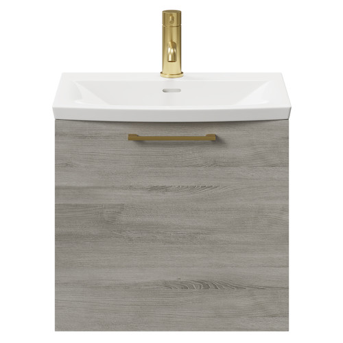 Napoli Molina Ash 500mm Wall Mounted Vanity Unit with 1 Tap Hole Curved Basin and Single Drawer with Brushed Brass Handle Front View