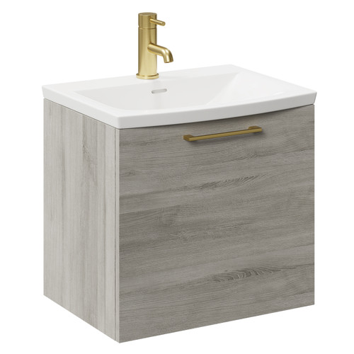 Napoli Molina Ash 500mm Wall Mounted Vanity Unit with 1 Tap Hole Curved Basin and Single Drawer with Brushed Brass Handle Left Hand View
