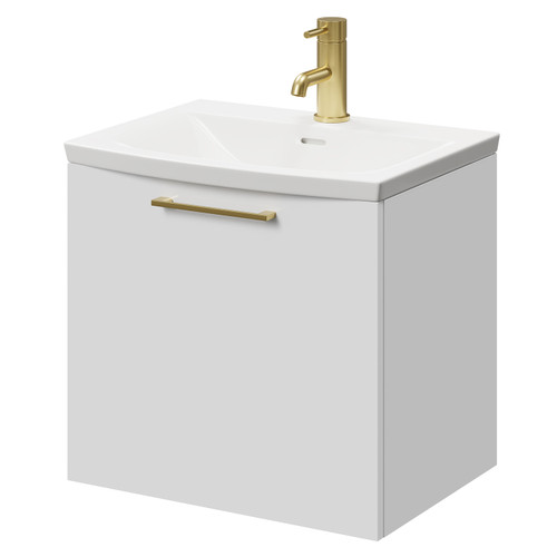 Napoli Gloss White 500mm Wall Mounted Vanity Unit with 1 Tap Hole Curved Basin and Single Drawer with Brushed Brass Handle Right Hand View