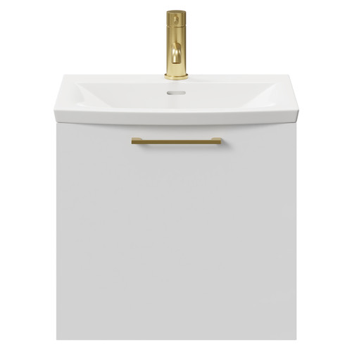Napoli Gloss White 500mm Wall Mounted Vanity Unit with 1 Tap Hole Curved Basin and Single Drawer with Brushed Brass Handle Front View