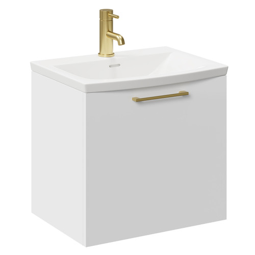 Napoli Gloss White 500mm Wall Mounted Vanity Unit with 1 Tap Hole Curved Basin and Single Drawer with Brushed Brass Handle Left Hand View