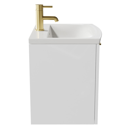 Napoli Gloss White 500mm Wall Mounted Vanity Unit with 1 Tap Hole Curved Basin and Single Drawer with Brushed Brass Handle Side View