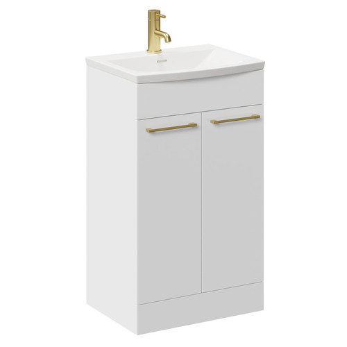 Napoli Gloss White 500mm Floor Standing Vanity Unit with 1 Tap Hole Curved Basin and 2 Doors with Brushed Brass Handles Left Hand View