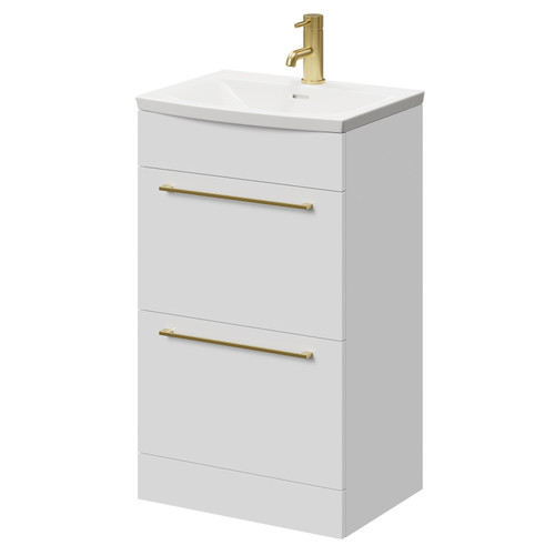 Napoli Gloss White 500mm Floor Standing Vanity Unit with 1 Tap Hole Curved Basin and 2 Drawers with Brushed Brass Handles Right Hand View