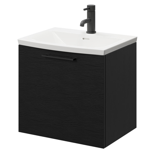 Napoli Nero Oak 500mm Wall Mounted Vanity Unit with 1 Tap Hole Curved Basin and Single Drawer with Matt Black Handle Right Hand View