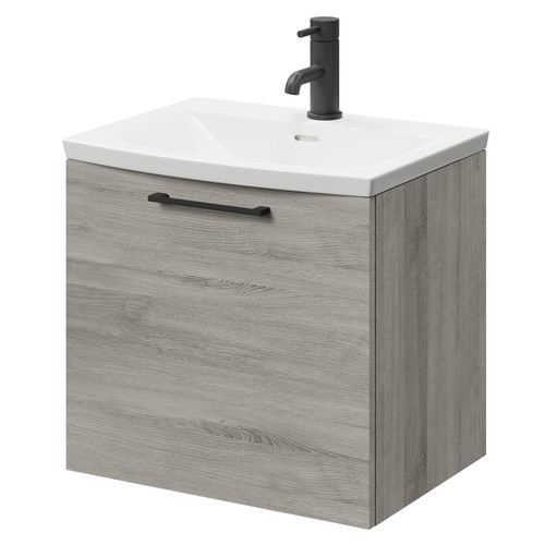 Napoli Molina Ash 500mm Wall Mounted Vanity Unit with 1 Tap Hole Curved Basin and Single Drawer with Matt Black Handle Right Hand View