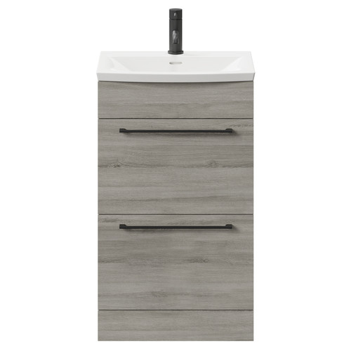 Napoli Molina Ash 500mm Floor Standing Vanity Unit with 1 Tap Hole Curved Basin and 2 Drawers with Matt Black Handles Front View
