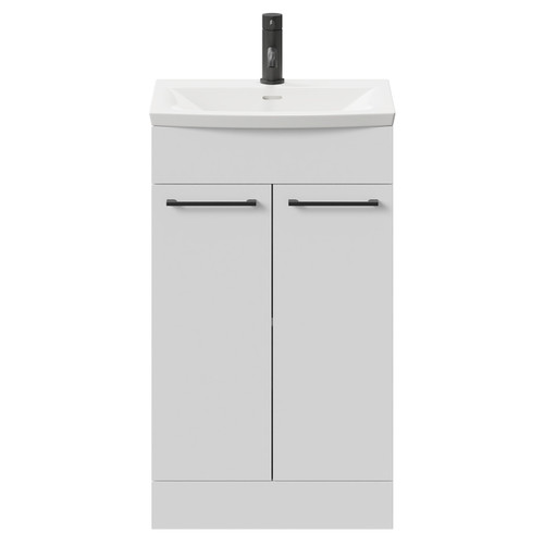 Napoli Gloss White 500mm Floor Standing Vanity Unit with 1 Tap Hole Curved Basin and 2 Doors with Matt Black Handles Front View