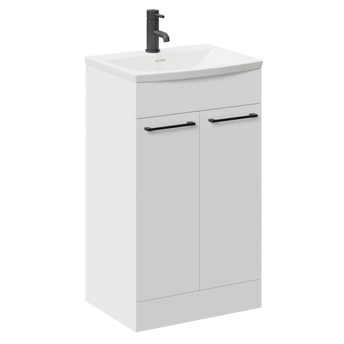 Napoli Gloss White 500mm Floor Standing Vanity Unit with 1 Tap Hole Curved Basin and 2 Doors with Matt Black Handles Left Hand View