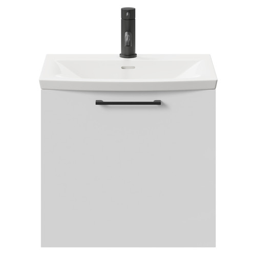 Napoli Gloss White 500mm Wall Mounted Vanity Unit with 1 Tap Hole Curved Basin and Single Drawer with Matt Black Handle Front View