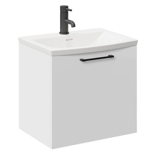 Napoli Gloss White 500mm Wall Mounted Vanity Unit with 1 Tap Hole Curved Basin and Single Drawer with Matt Black Handle Left Hand View