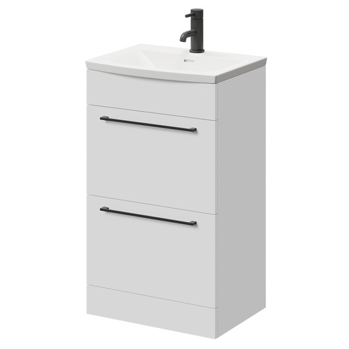 Napoli Gloss White 500mm Floor Standing Vanity Unit with 1 Tap Hole Curved Basin and 2 Drawers with Matt Black Handles Right Hand View