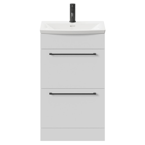 Napoli Gloss White 500mm Floor Standing Vanity Unit with 1 Tap Hole Curved Basin and 2 Drawers with Matt Black Handles Front View