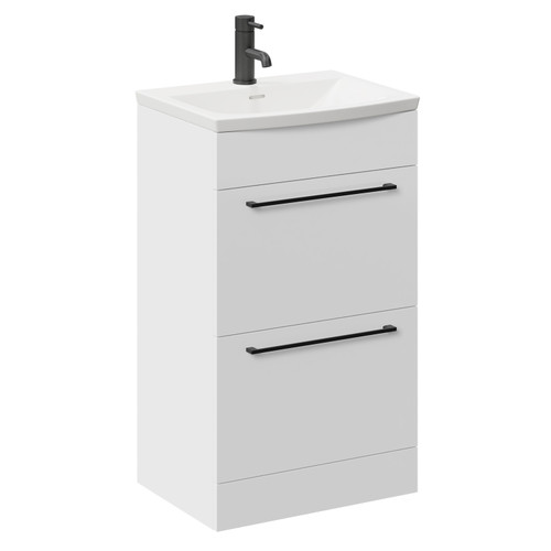 Napoli Gloss White 500mm Floor Standing Vanity Unit with 1 Tap Hole Curved Basin and 2 Drawers with Matt Black Handles Left Hand View